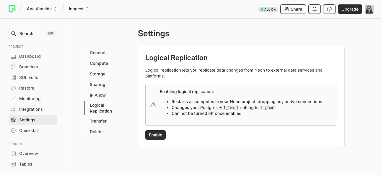 Neon dashboard settings with option to enable logical replication